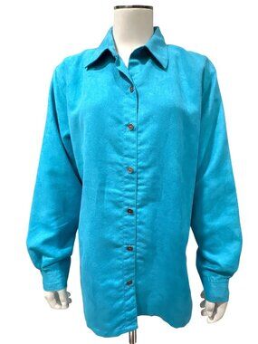 Chicos Size 1 Turquoise Button Up Long Sleeve Blouse Loose Fit Casual Top Retro
